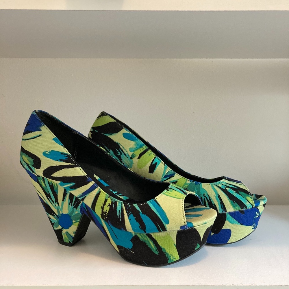 Green and Blue Platform Wedge Sandals